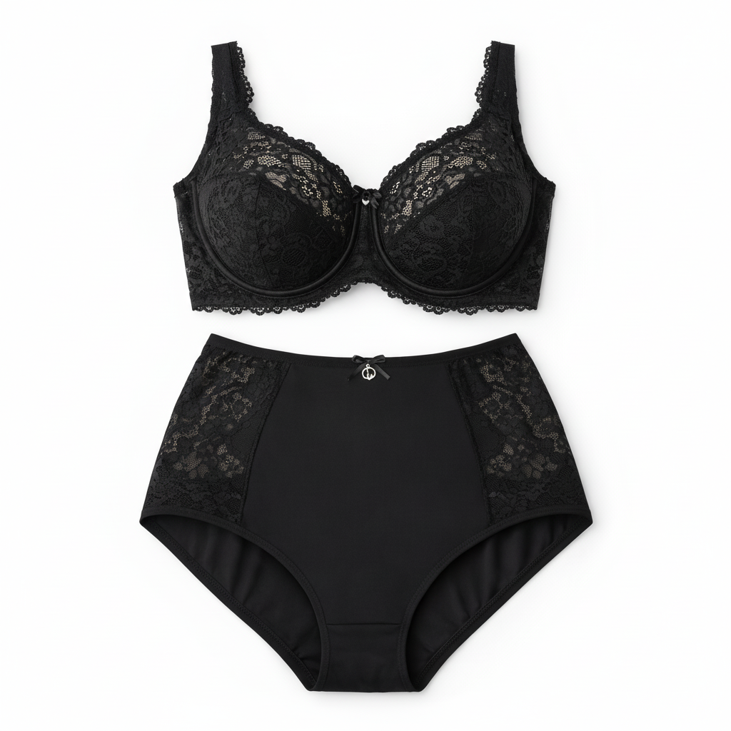 Zarif dantel dokusu, vücudu saran kalıbı ve gün boyu konfor sunan yapısıyla ALLA Siyah Büyük Beden İç Çamaşırı Takımı, feminen şıklığı yeniden tanımlıyor.