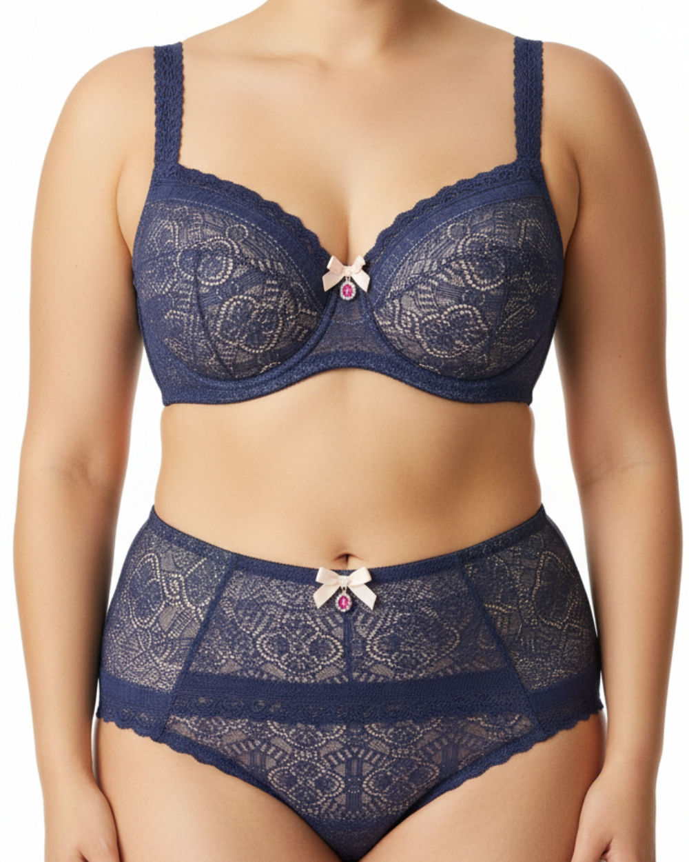 ALLA Lüks Dantel Detaylı Büyük Beden Destekli Sütyen & Külot Takımı – Lacivert
