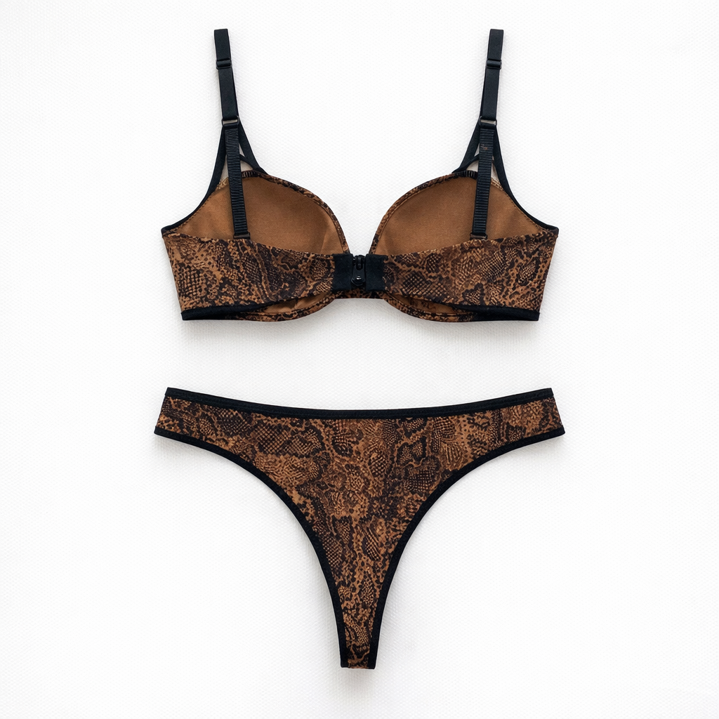 alla bakır yılan desenli iç çamaşırının arka görünümü.