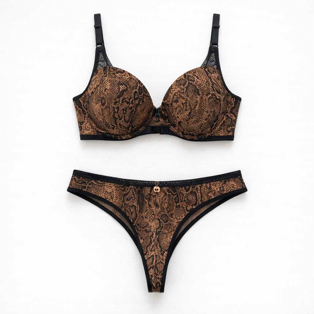 Yılan desenli push-up sütyen ve string külot takımı. Güçlü, feminen ve sofistike tasarım. Online mağazada şimdi keşfedin.