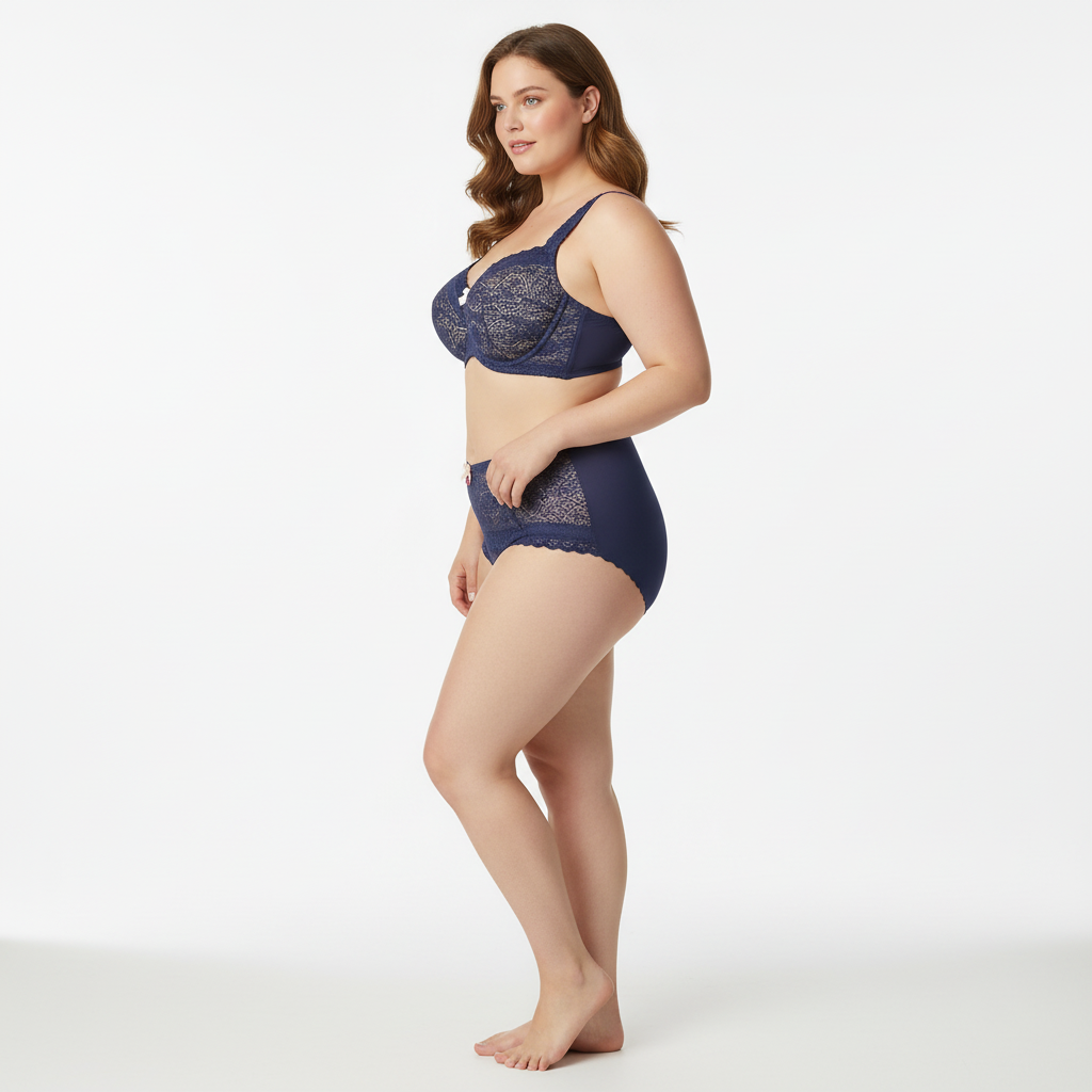 Büyük beden kadınlar için destekli sütyen ve yüksek bel külot takımı. Yan açı