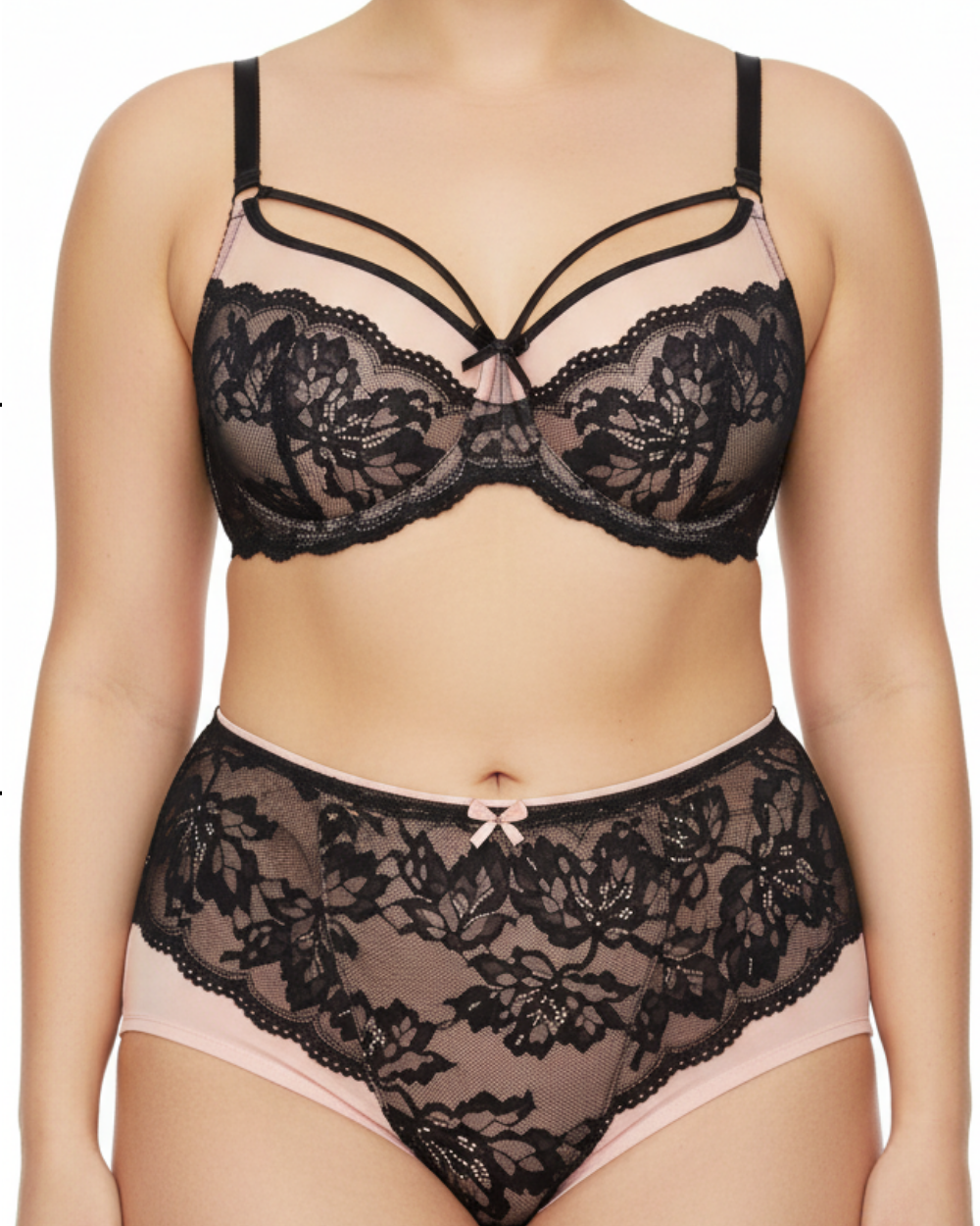 ALLA Dantel Detaylı Büyük Beden Lüks Sütyen & Külot Takımı – Pudra & Siyah