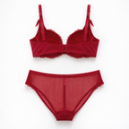 Zarif bordo dantelli sütyen ve külotun arkadan görünümü.