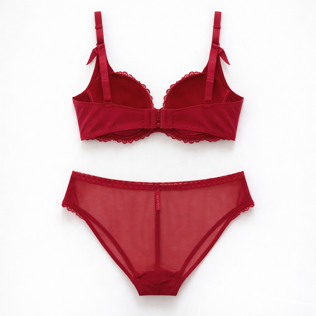 Zarif bordo dantelli sütyen ve külotun arkadan görünümü.