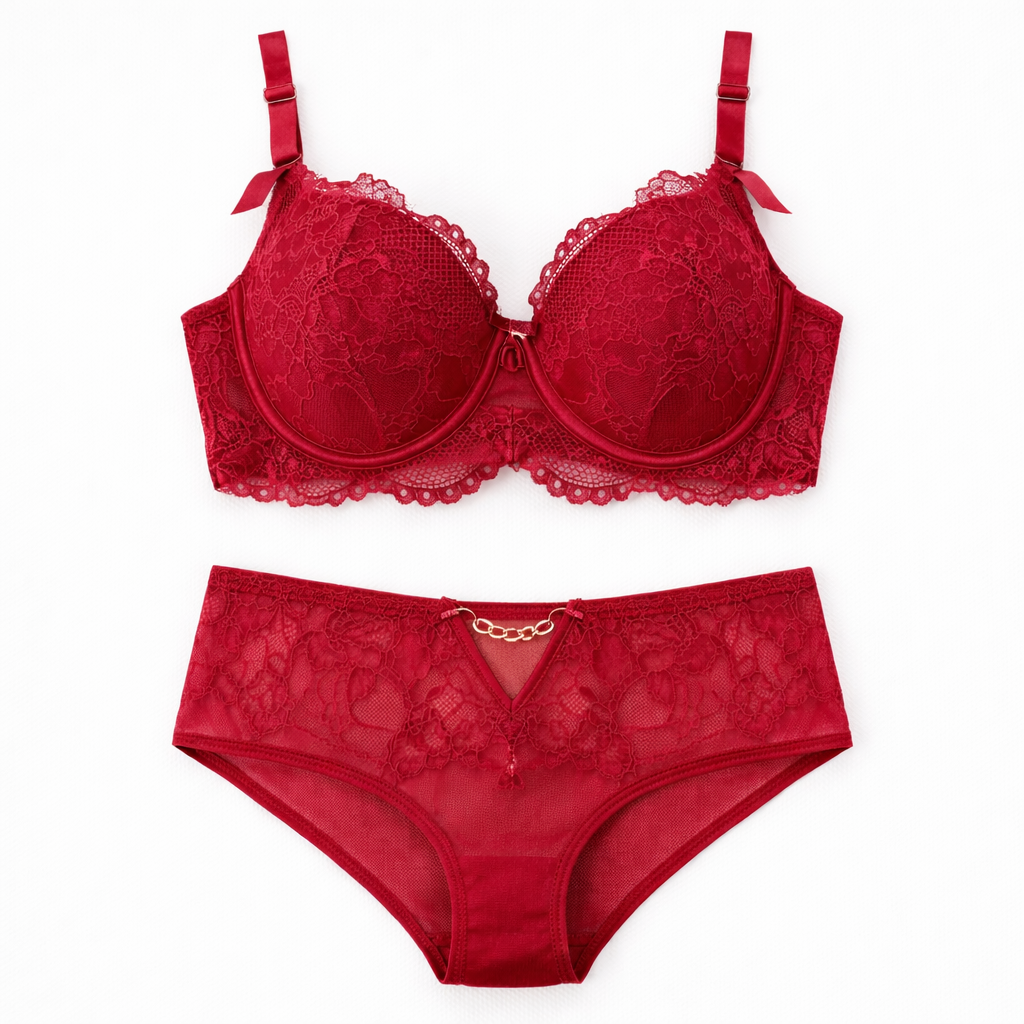 Zarif bordo dantelli sütyen ve külot ön görünüm.