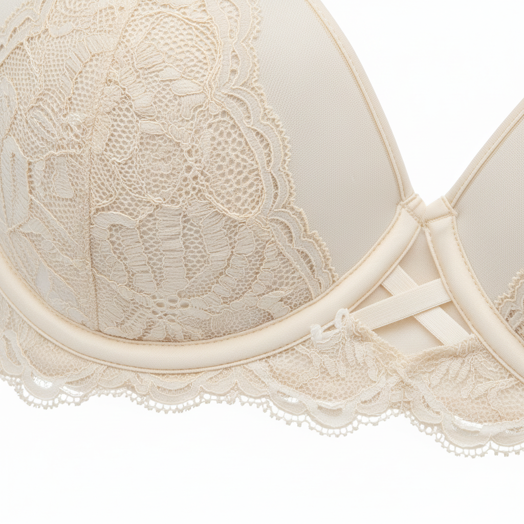 Yumuşak krem tonunda, zarif dantel detaylı premium sütyen ve külot takımı. Sütyen kap ve yapı detayı.