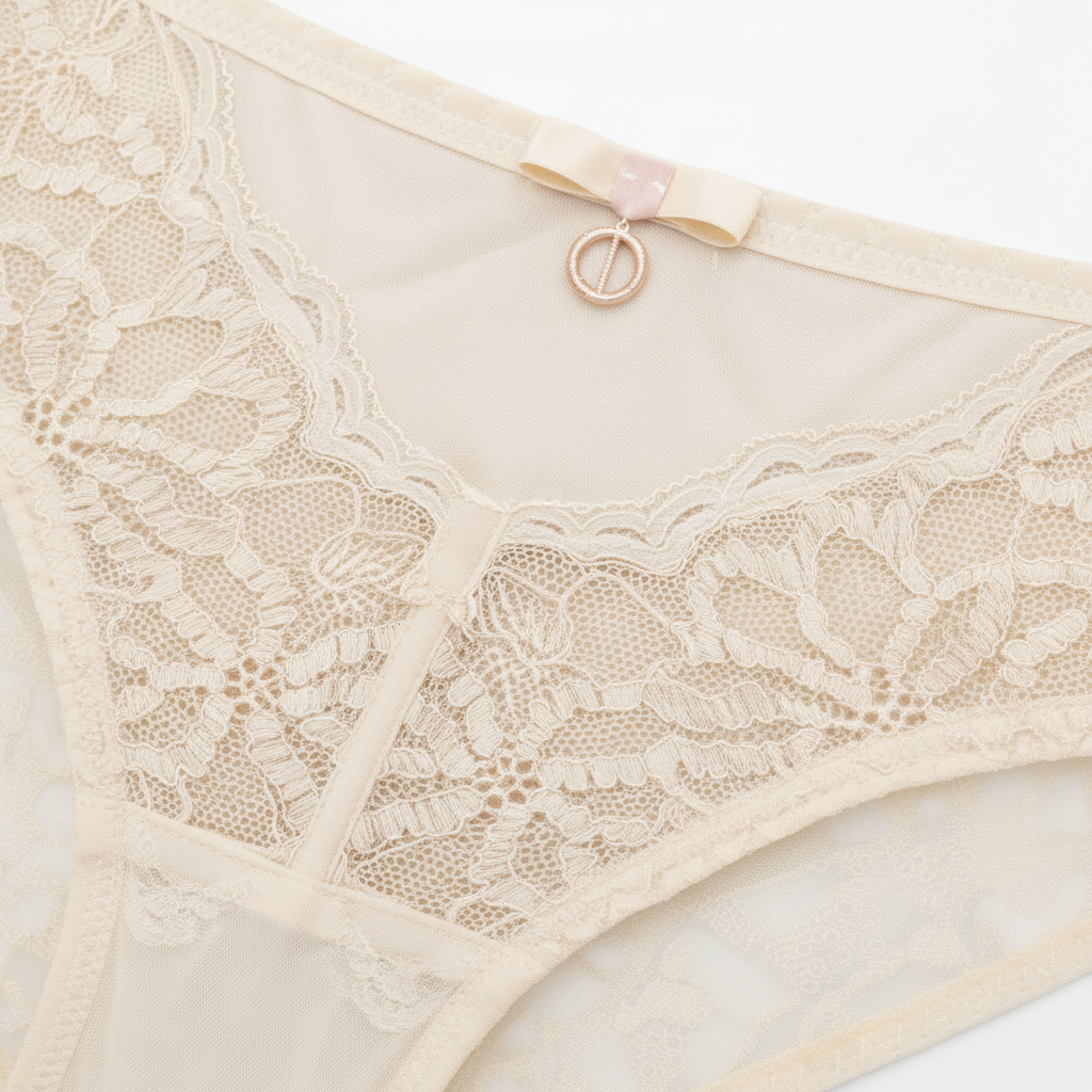 Yumuşak krem tonunda, zarif dantel detaylı premium sütyen ve külot takımı. Dantel doku detayı.