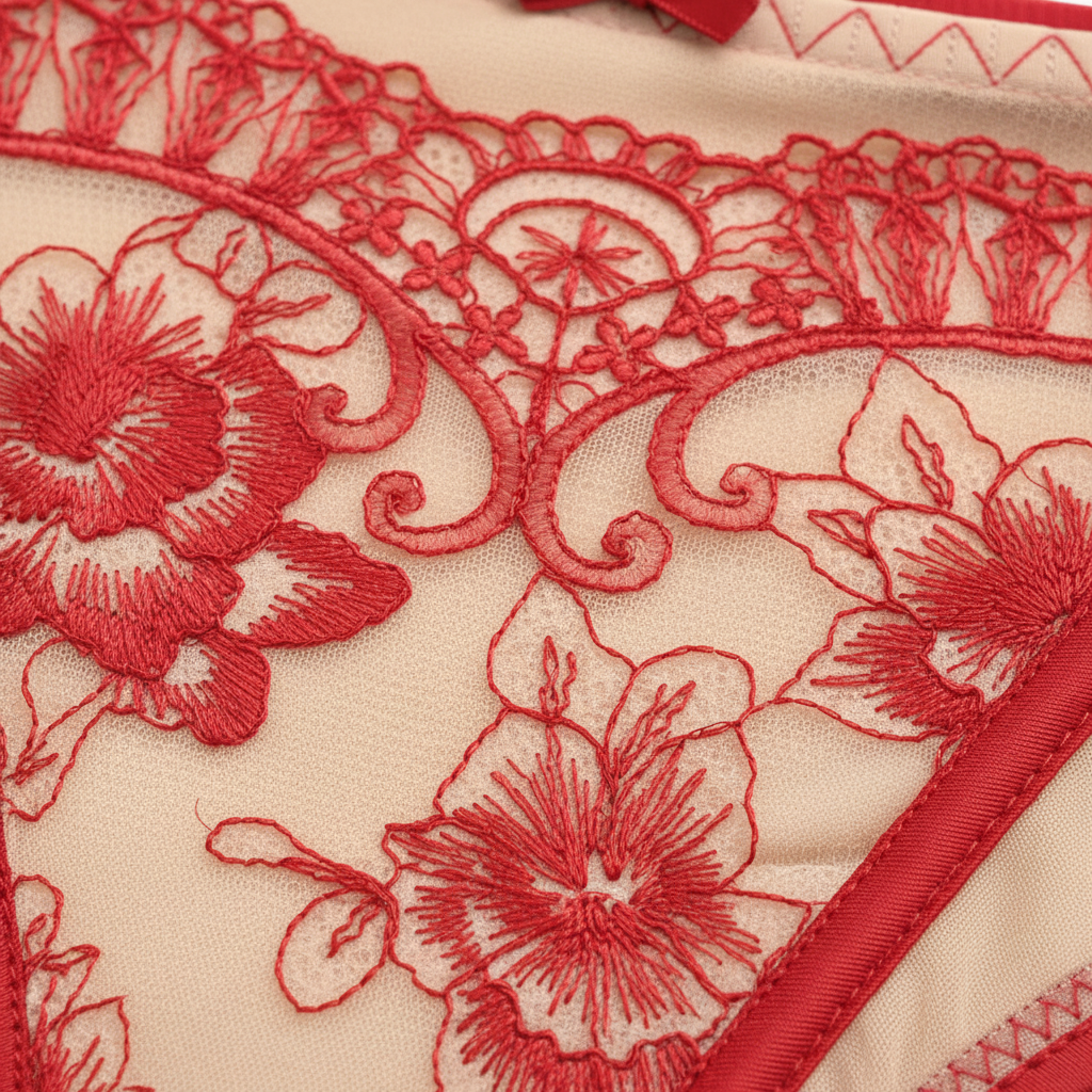 Kırmızı dantelli külot nakış doku detayı