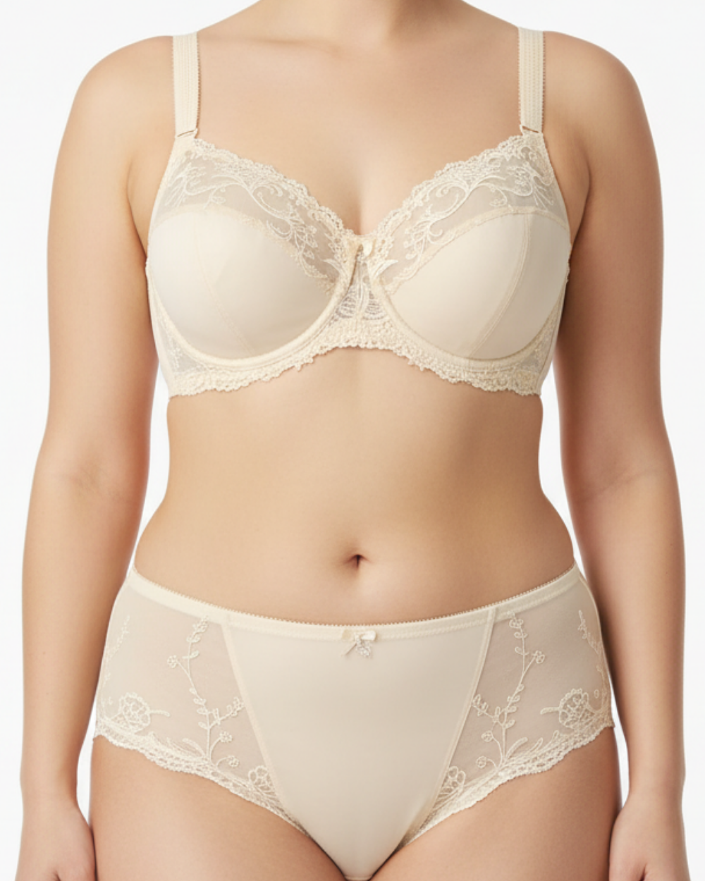 ALLA krem renk büyük beden dantel iç çamaşırı takımı. Destekli sütyen, konforlu külot, şık ve rahat tasarım. Online satın al.