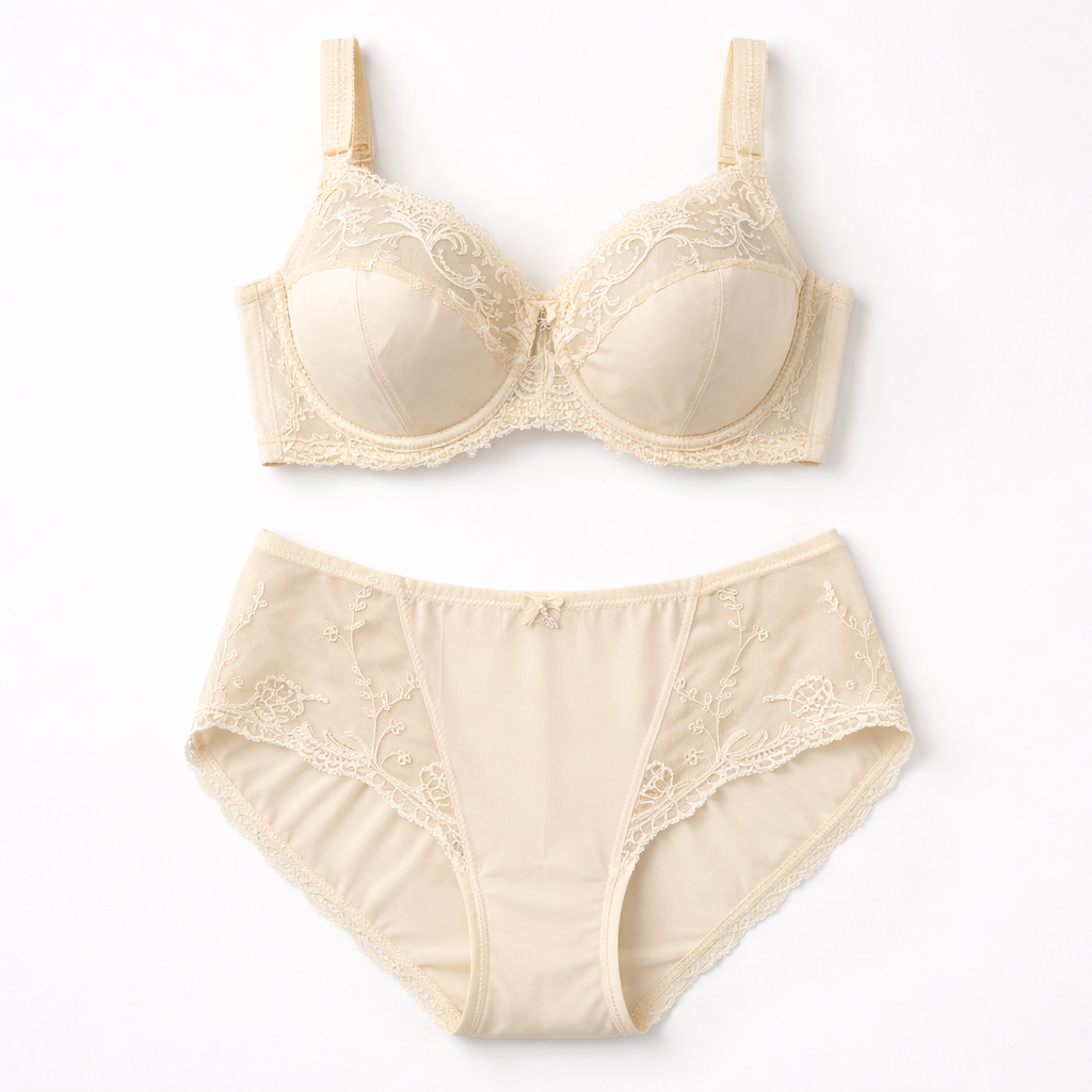 ALLA krem renk büyük beden dantel iç çamaşırı takımı. Destekli sütyen, konforlu külot, şık ve rahat tasarım. Online satın al.