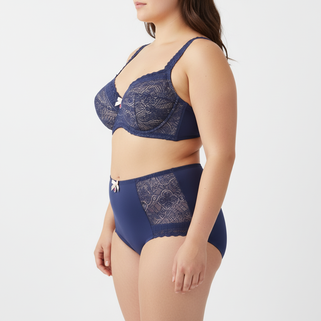 Büyük beden kadınlar için destekli sütyen ve yüksek bel külot takımı.