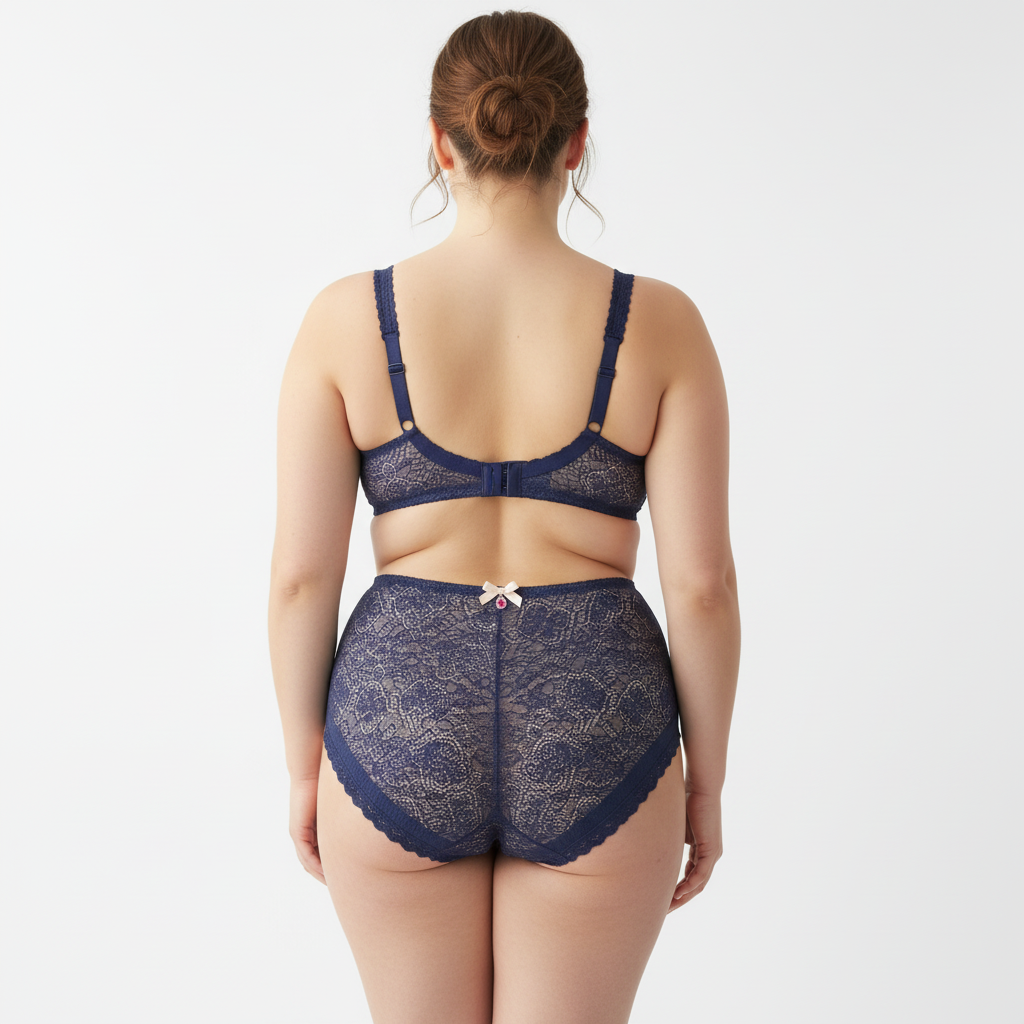 Büyük beden kadınlar için destekli sütyen ve yüksek bel külot takımı. Arka açı