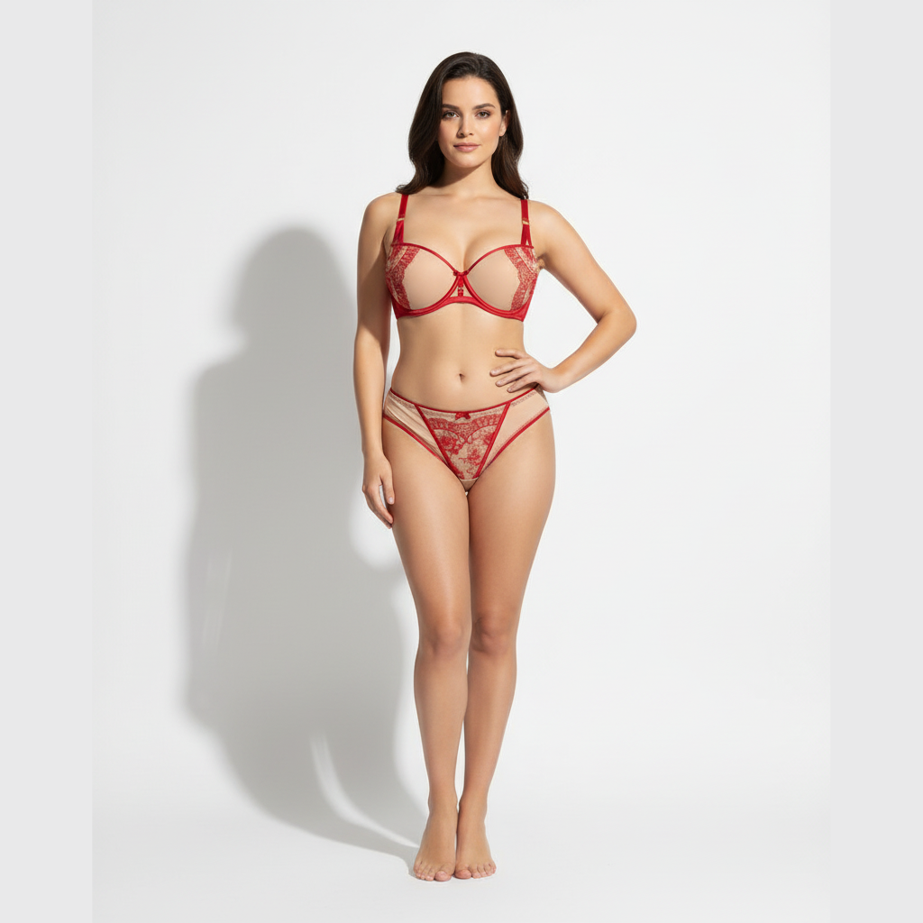 Ten rengi zemin üzerine kırmızı dantel detaylı dolgulu sütyen ve külot takımı. Normal beden kalıp, zarif tasarım ve gün boyu konfor online mağazada.
