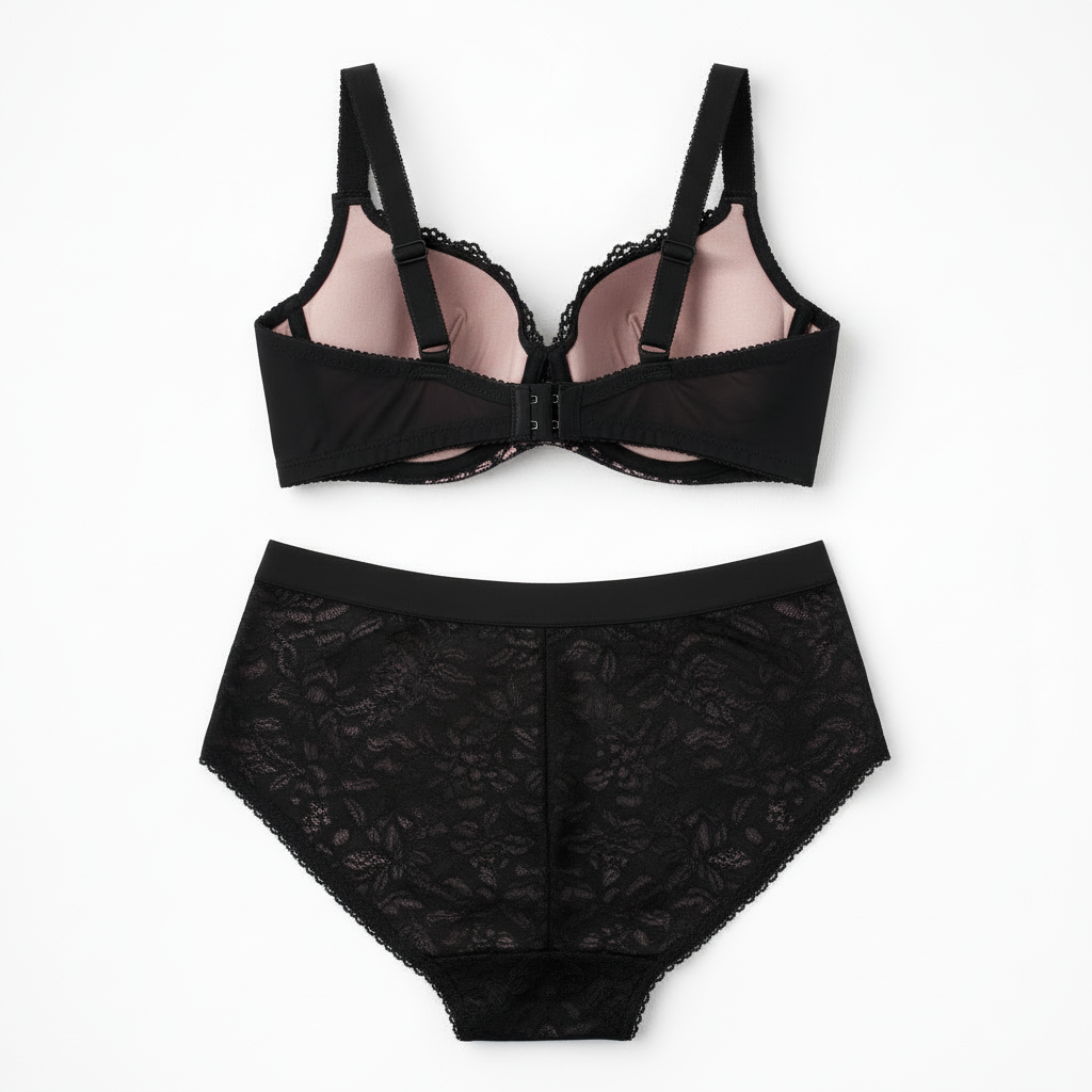 ALLA siyah ve pudra dantel büyük beden iç çamaşırı takımı. Destekli sütyen, rahat külot, şık ve konforlu tasarım. Online satın al.