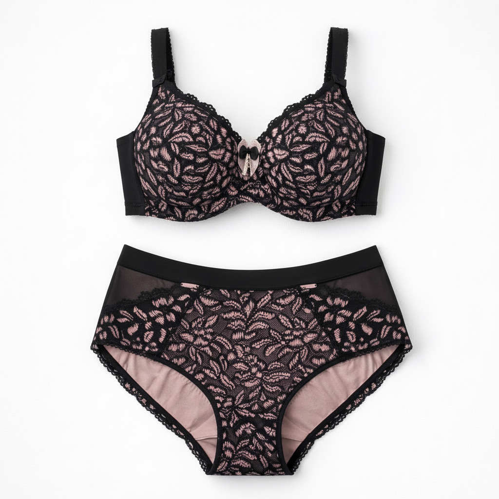 ALLA siyah ve pudra dantel büyük beden iç çamaşırı takımı. Destekli sütyen, rahat külot, şık ve konforlu tasarım. Online satın al.