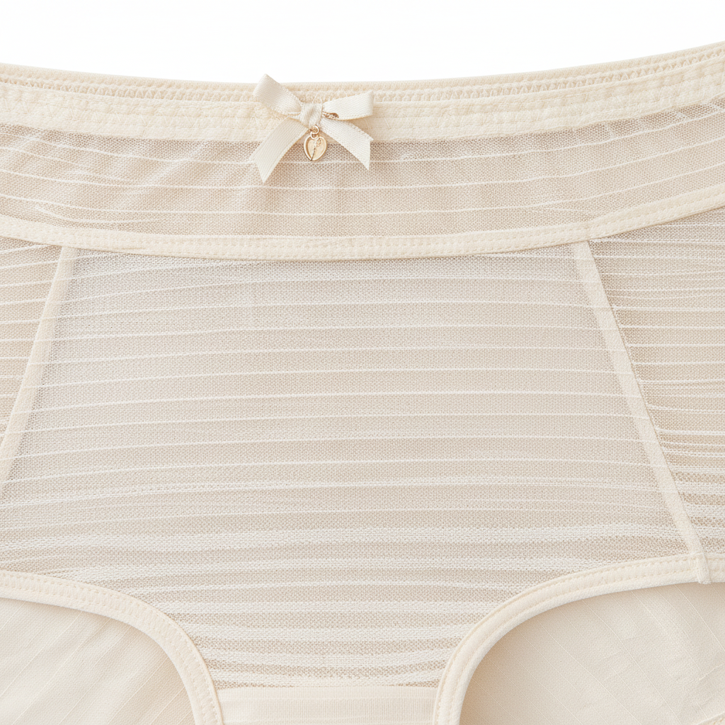 Balenli sütyen ve rahat boxer külot tasarımıyla öne çıkan krem renkli lüks iç çamaşırı takımının tül paneli.