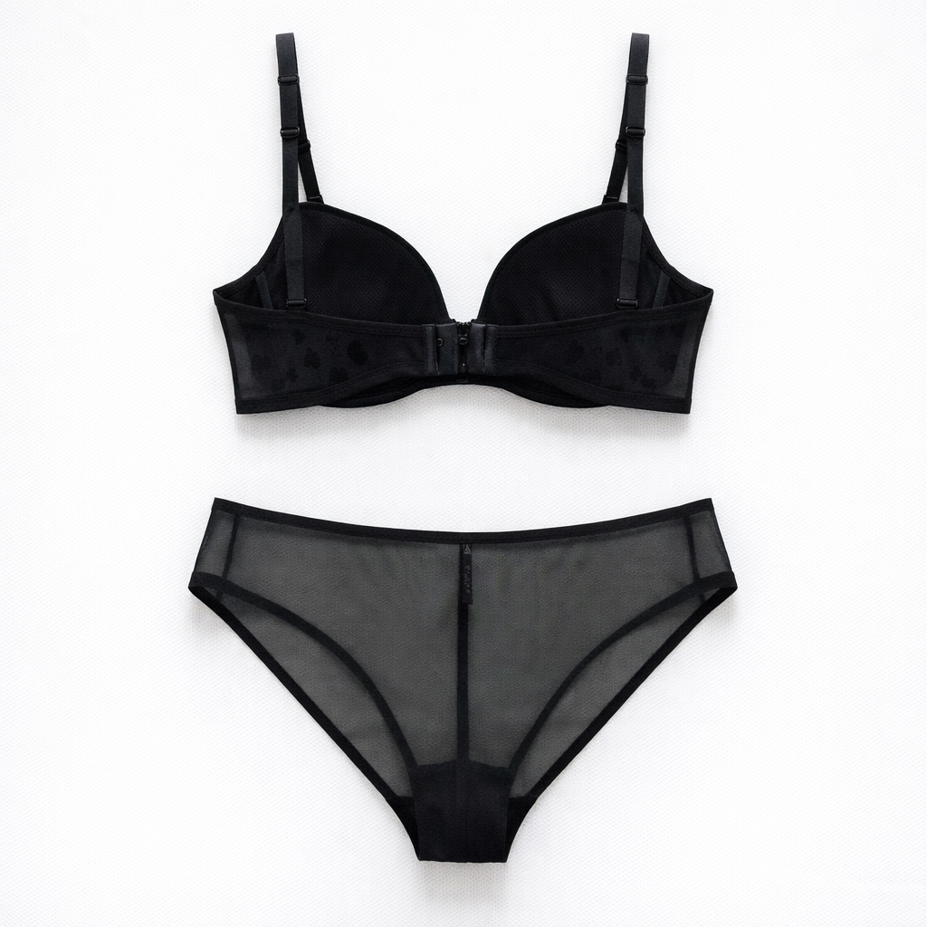 Modern siyah tül sütyen ve külot takımı. Destekli sütyen, sade kesim külot ve zarif metal detaylar.