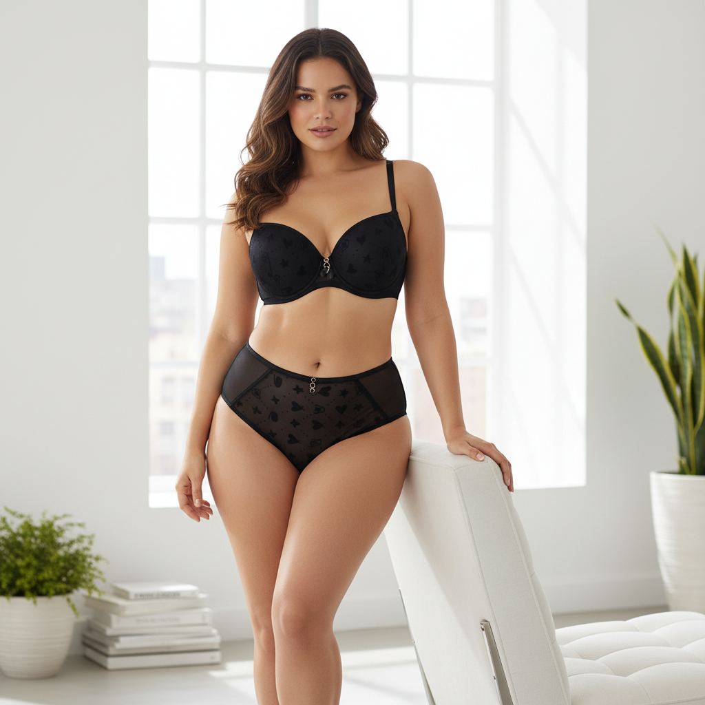 Siyah tül kalp desenli setin günlük kullanım için ideal.