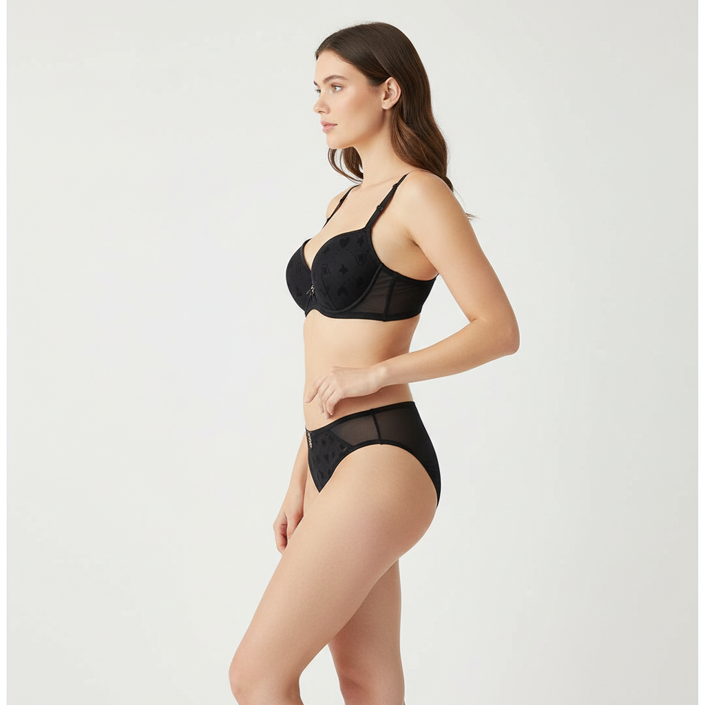 Siyah tül kalp desenli setin yan açıdan görünümü.