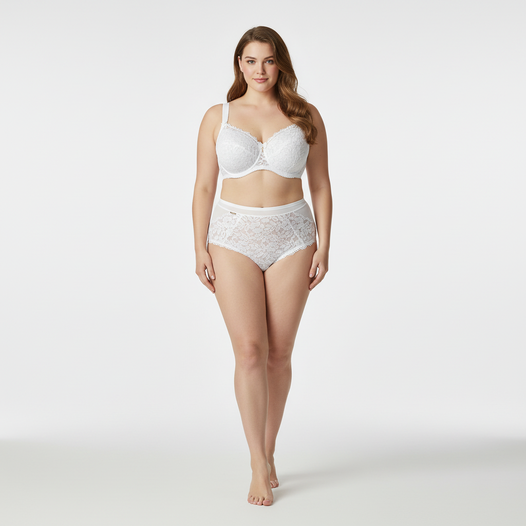 Beyaz dantel iç çamaşırı seti ön açıdan görünüm.