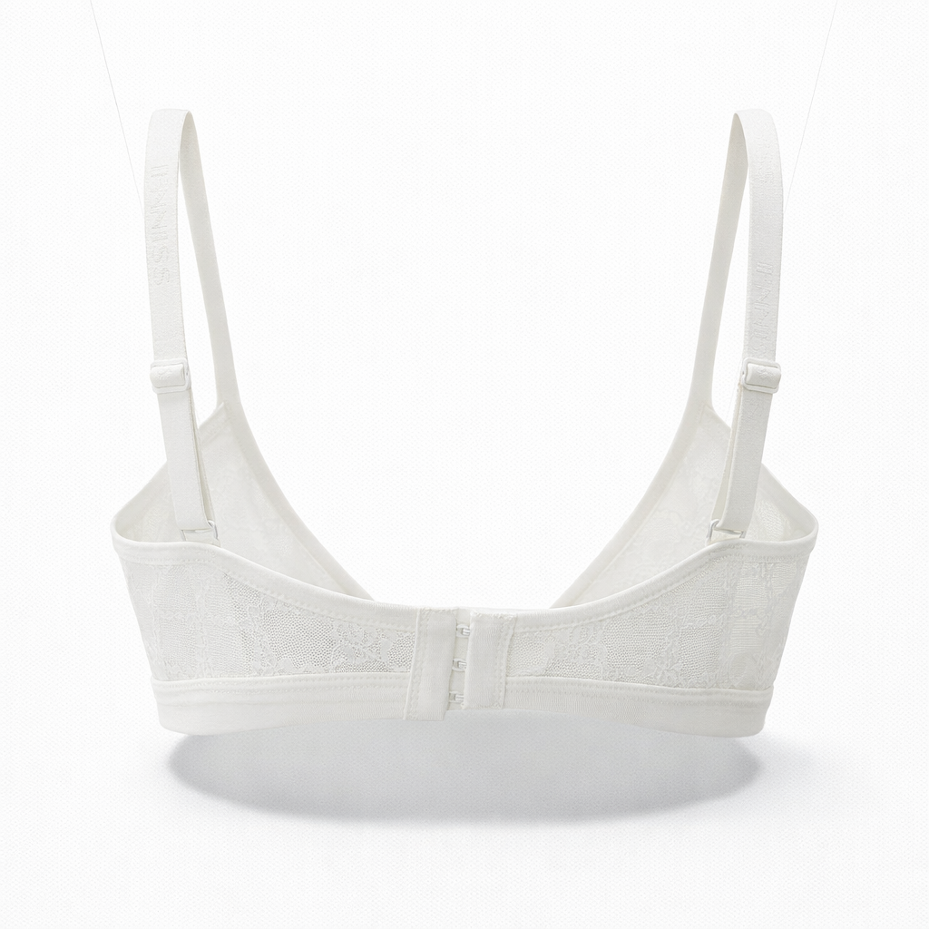 Pudra ve beyaz dantel balenli toparlayıcı sütyen ile gün boyu konfor ve zarif görünüm. Arka görünüm.
