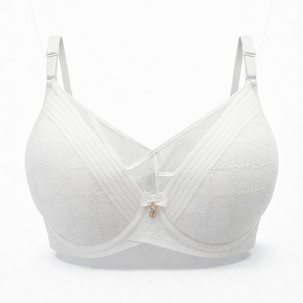 Pudra ve beyaz dantel balenli toparlayıcı sütyen ile gün boyu konfor ve zarif görünüm.