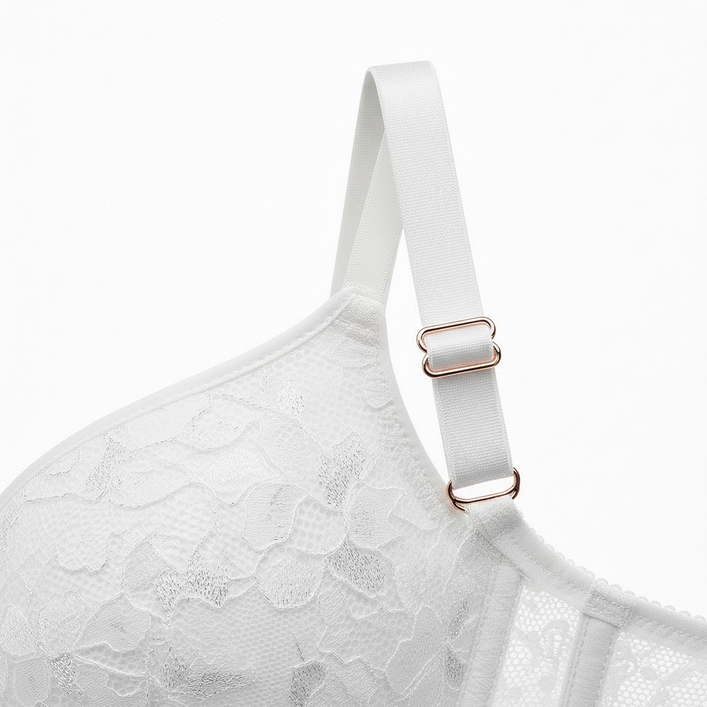 Pudra ve beyaz dantel balenli toparlayıcı sütyen ile gün boyu konfor ve zarif görünüm. Askı ve metal detayı.