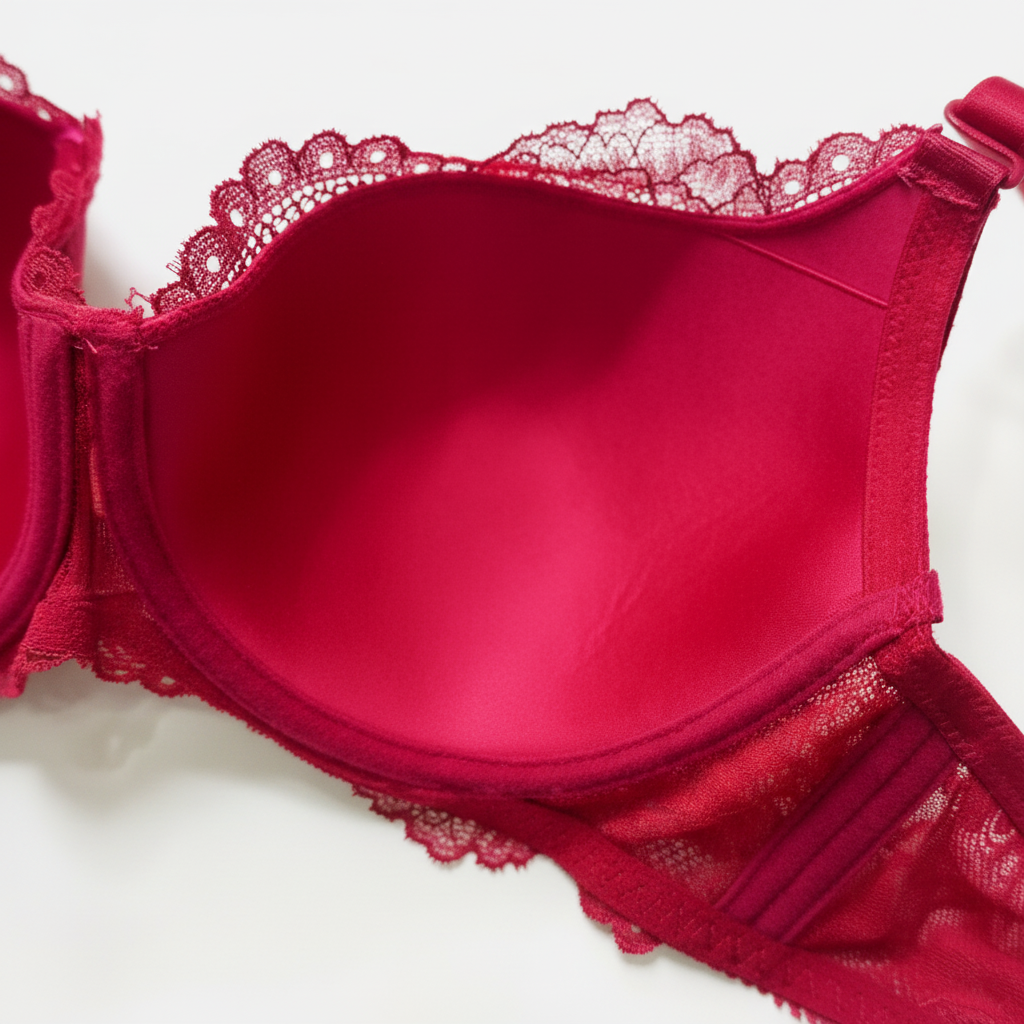 Bordo dantelli toparlayıcı sütyenin iç görünüm detayı.