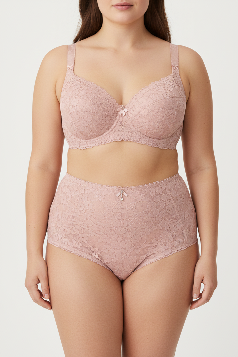 ALLA Lüks Dantel Büyük Beden Sütyen & Yüksek Bel Külot Takımı – Pudra