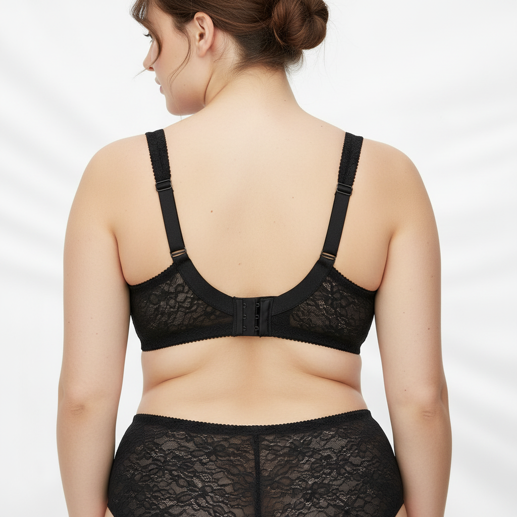 Toparlayıcı yapıya sahip, balensiz, dantel detaylı siyah sütyen. Büyük beden uyumlu, konforlu ve şık tasarım. Arka görünüm.