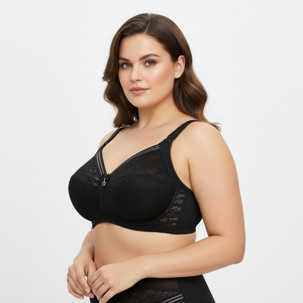 Toparlayıcı yapıya sahip, balensiz, dantel detaylı siyah sütyen. Büyük beden uyumlu, konforlu ve şık tasarım. Gün boyu destek ve rahatlık sunar.