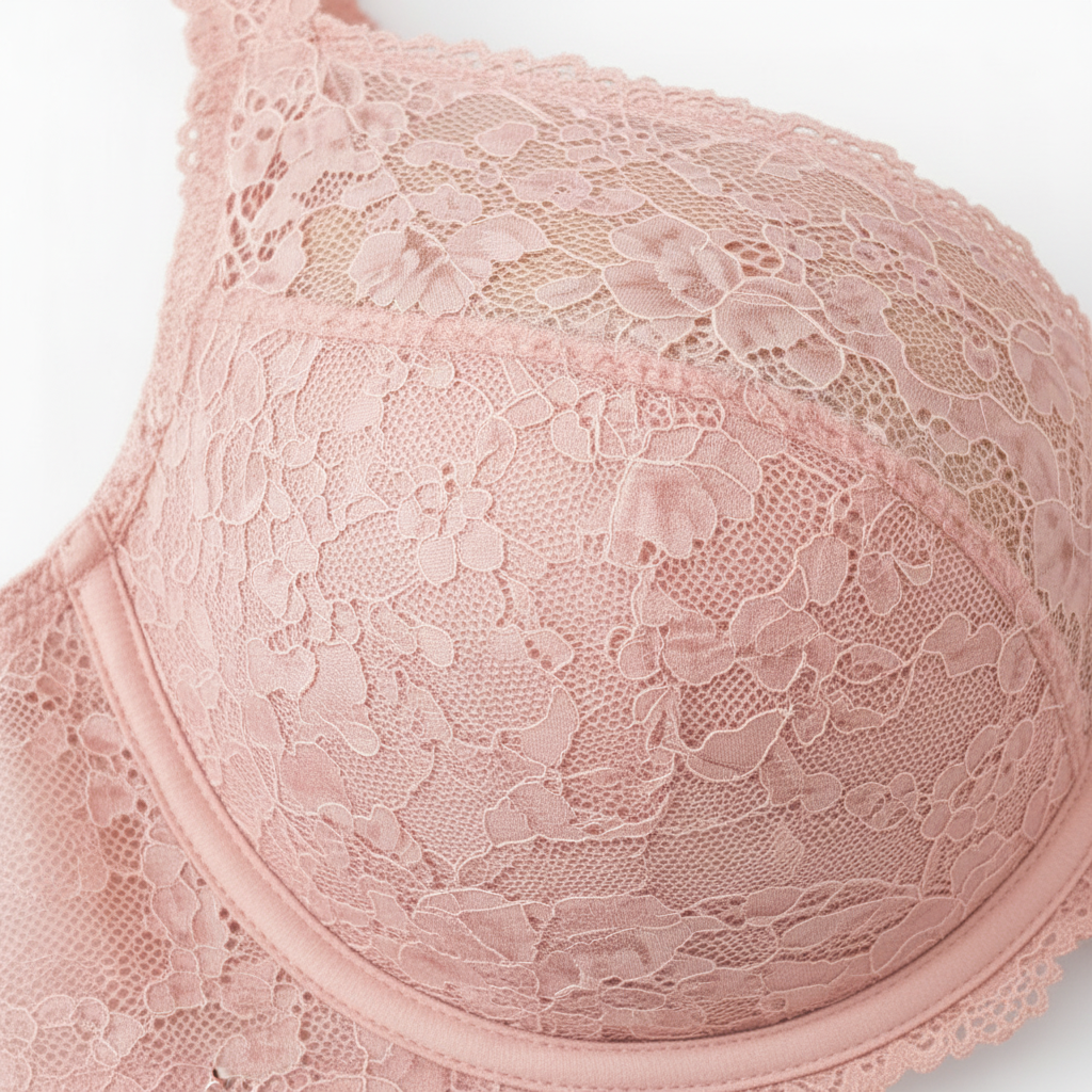 Pudra renk dantelli büyük beden sütyen; zarif tasarım, yumuşak doku ve dengeli destek sunar. Feminen ve konforlu iç giyim. Dantel deseni.