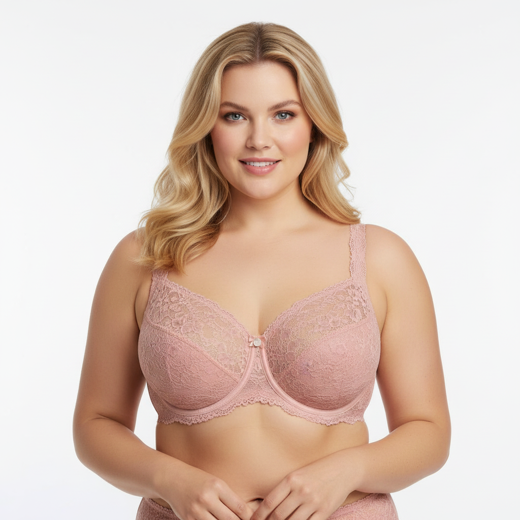 Pudra renk dantelli büyük beden sütyen; zarif tasarım, yumuşak doku ve dengeli destek sunar. Feminen ve konforlu iç giyim.