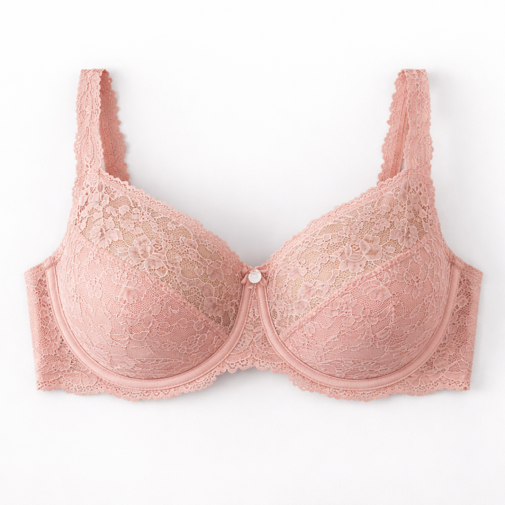 Pudra renk dantelli büyük beden sütyen; zarif tasarım, yumuşak doku ve dengeli destek sunar. Feminen ve konforlu iç giyim.