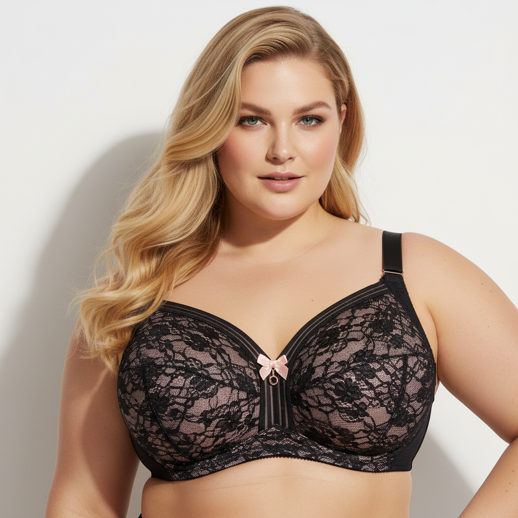 Siyah dantelli büyük beden toparlayıcı sütyen; güçlü destek, zarif detaylar ve premium konfor sunar. Şık ve feminen iç giyim.