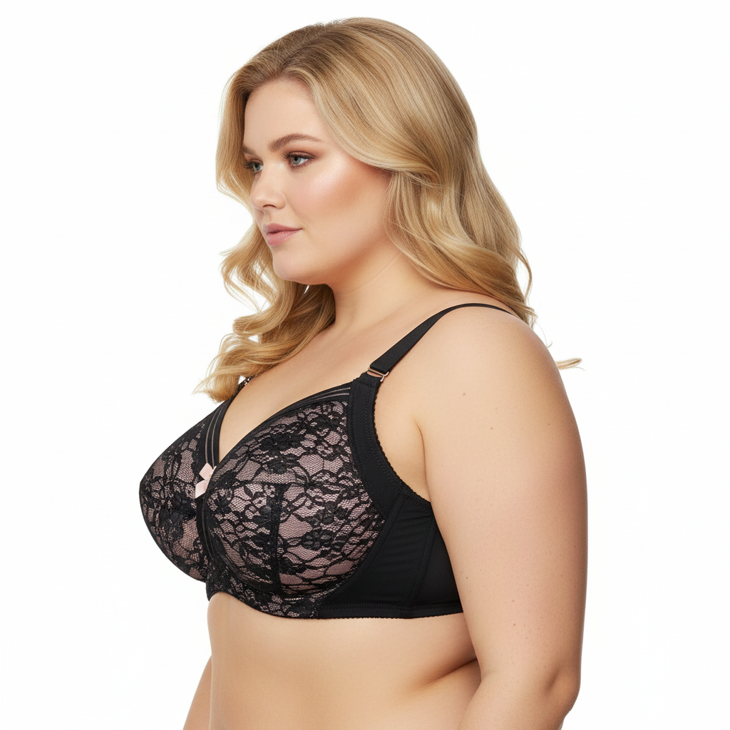 Siyah dantelli büyük beden toparlayıcı sütyen; güçlü destek, zarif detaylar ve premium konfor sunar. Yan profilden görünüm.
