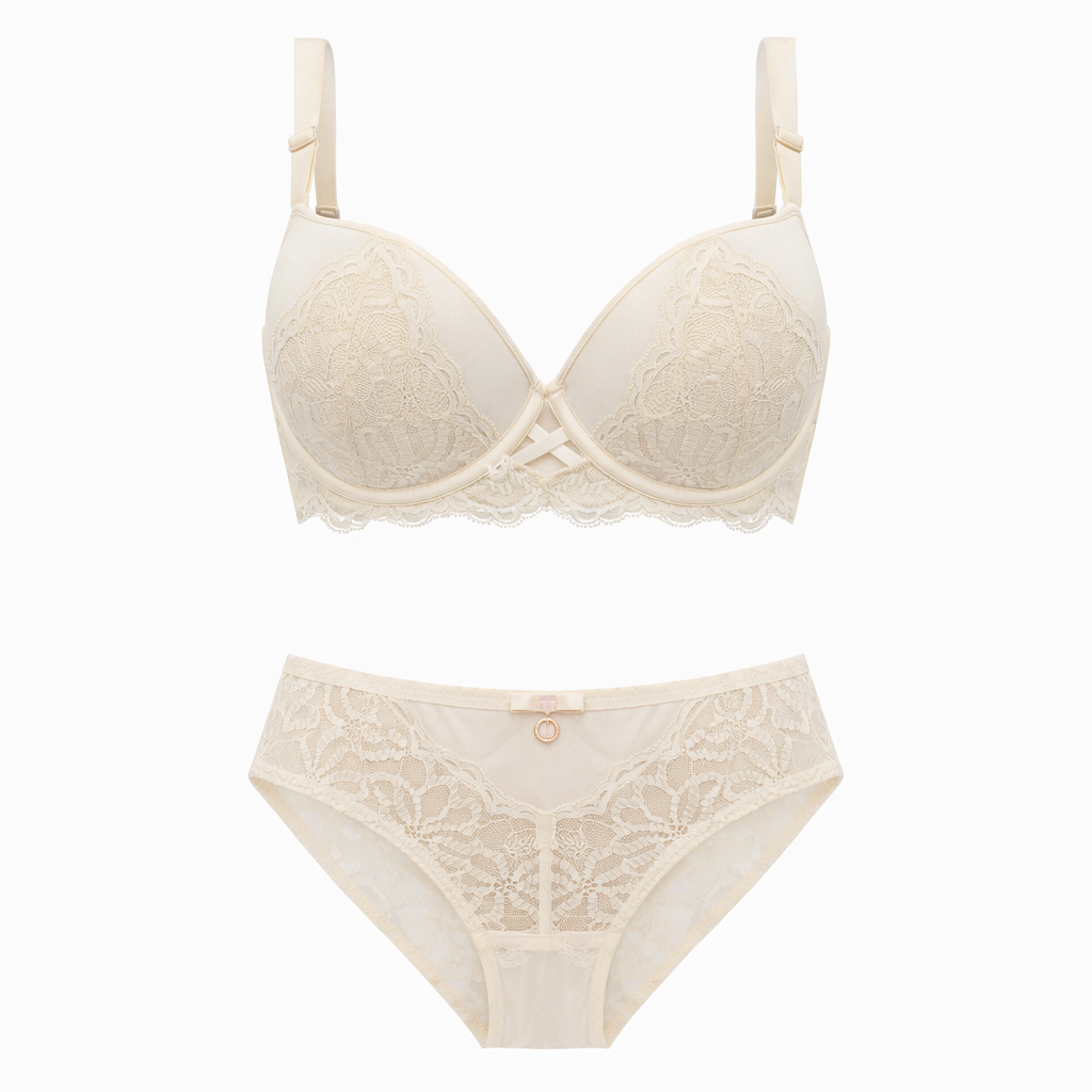 Ekru dantel sütyen ve külot takımı düz beyaz arka plan ön görünüm