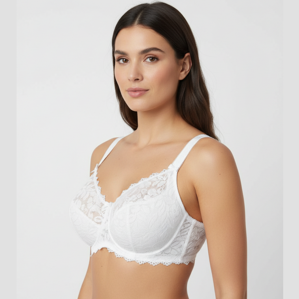 Ekru dantel destekli sütyen. Gelin ve özel gün kombinleri için ideal premium tasarım.