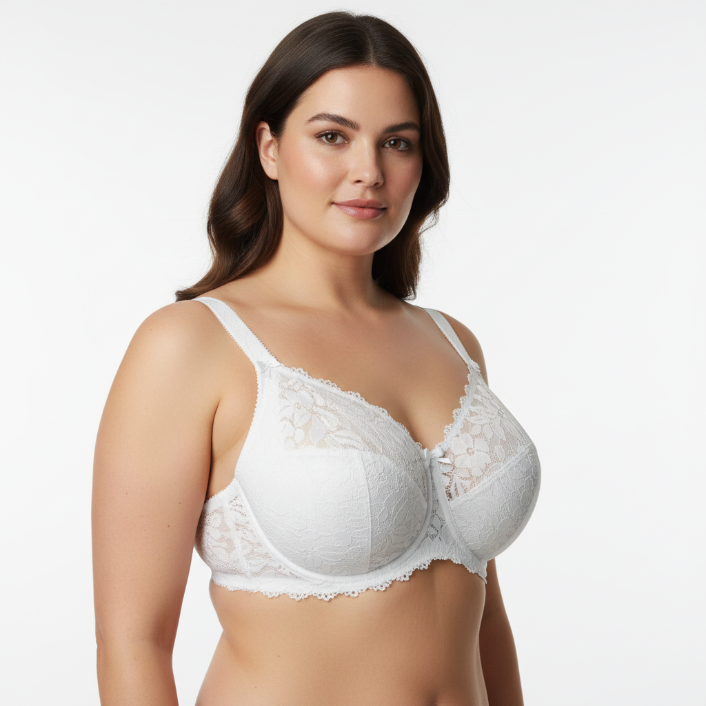 Ekru dantel destekli sütyen. Gelin ve özel gün kombinleri için ideal premium tasarım. Büyük göğüslü model