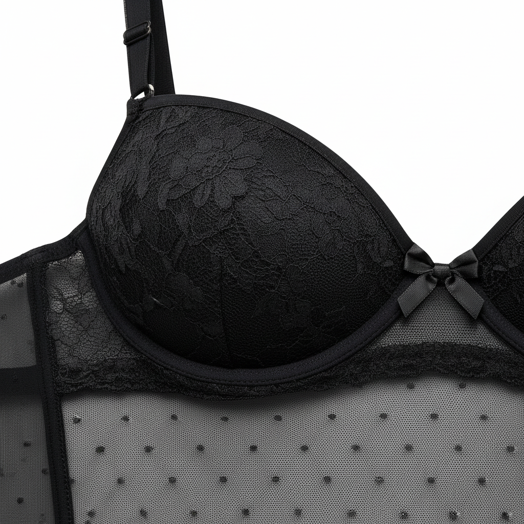 Siyah transparan tül detaylı balenli body. Vücudu nazikçe şekillendiren, zarif ve konforlu iç giyim modeli. Kap yapısı detayı.