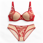 Ten rengi zemin üzerine kırmızı dantel detaylı dolgulu sütyen ve külot takımı. Normal beden kalıp, zarif tasarım ve gün boyu konfor online mağazada.