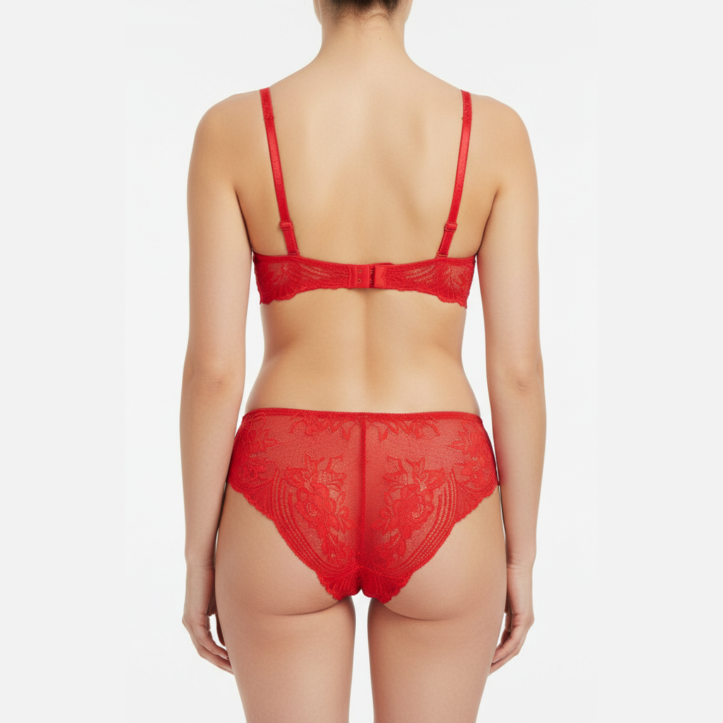 Kırmızı dantel premium sütyen ve külot takımı düz beyaz arka plan arka görünüm.