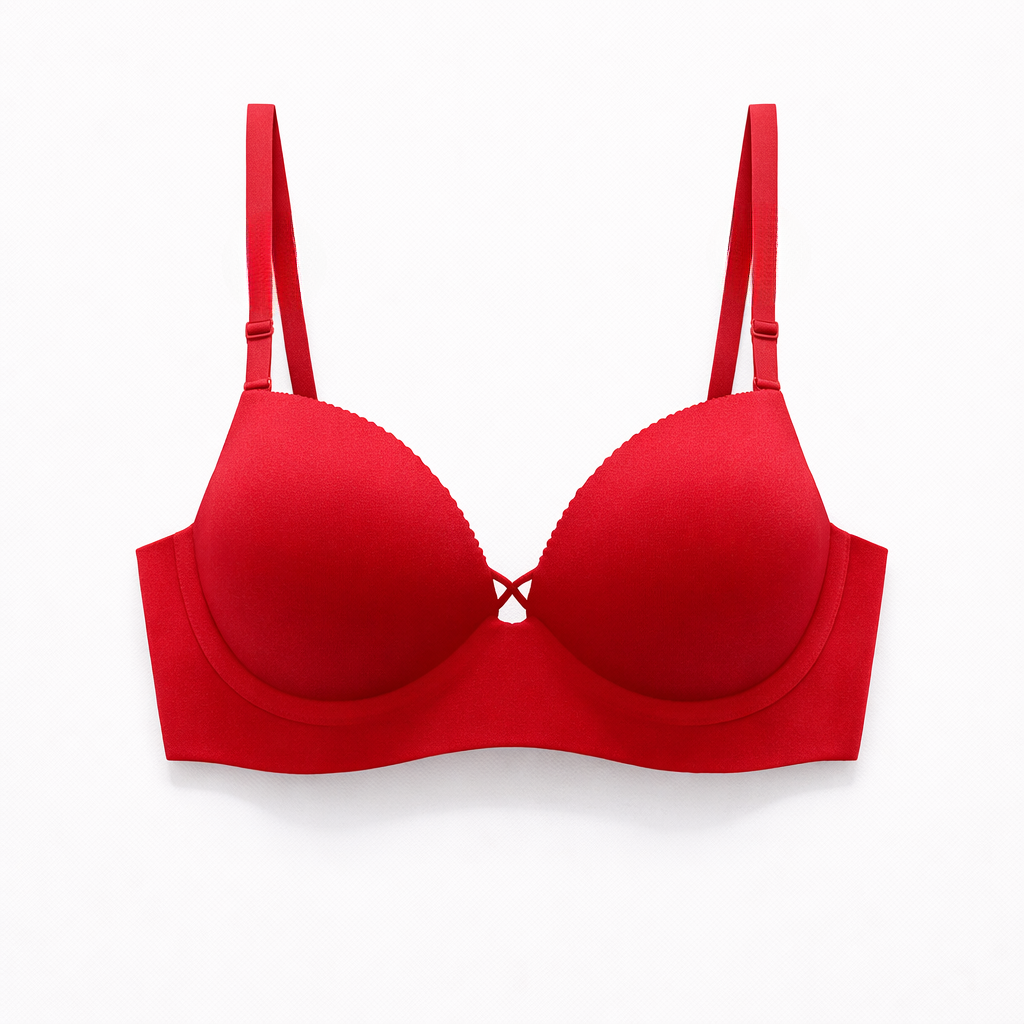 Kıyafet altında iz yapmayan pürüzsüz yüzeyli kırmızı toparlayıcı sütyen. Gün boyu konfor ve güçlü destek bir arada.
