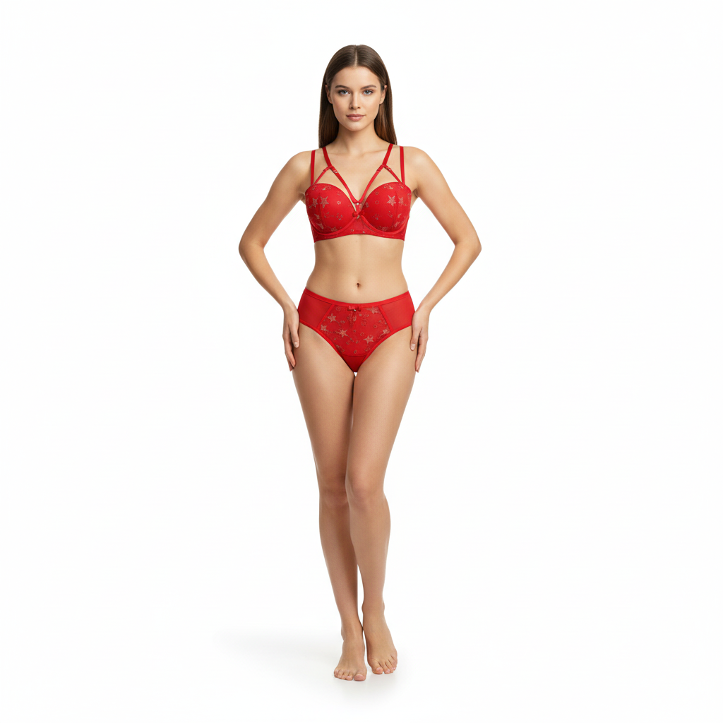 Kırmızı yıldız desenli iç çamaşırı takımı - profesyonel model fotoğrafı