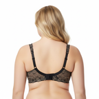 Siyah kontrast dantelli büyük beden sütyen; güçlü destek, zarif detaylar ve premium konfor sunar. Arka görünüm.