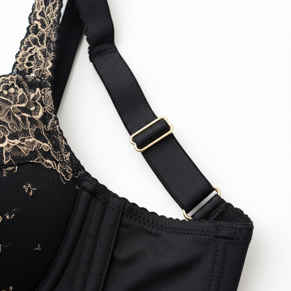 Siyah kontrast dantelli büyük beden sütyen; güçlü destek, zarif detaylar ve premium konfor sunar. Askı detayı.