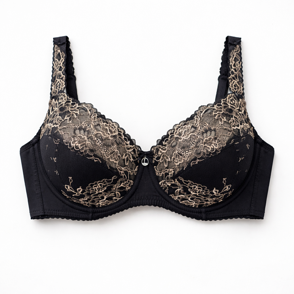 Siyah kontrast dantelli büyük beden sütyen; güçlü destek, zarif detaylar ve premium konfor sunar. Zamansız şıklık arayanlar için ideal.