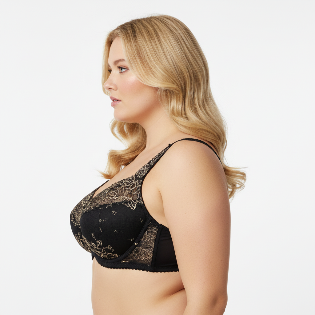 Siyah kontrast dantelli büyük beden sütyen; güçlü destek, zarif detaylar ve premium konfor sunar. Yan profil.
