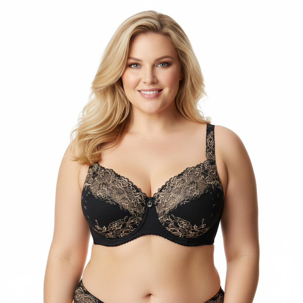 Siyah kontrast dantelli büyük beden sütyen; güçlü destek, zarif detaylar ve premium konfor sunar. Ön görünüm.