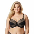 Siyah kontrast dantelli büyük beden sütyen; güçlü destek, zarif detaylar ve premium konfor sunar. Ön görünüm.